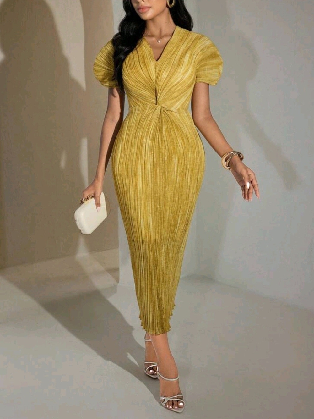 Twist-Front Mustard Pleated Midi Dress
